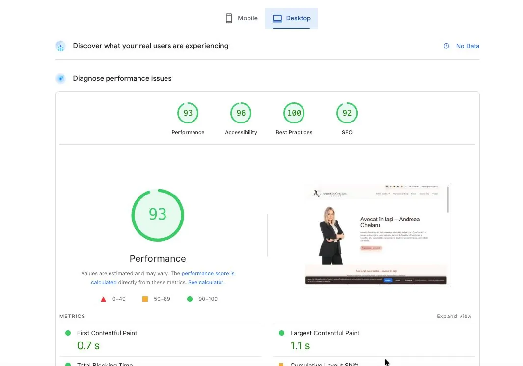 Rezultate PageSpeed avocatchelaru.ro