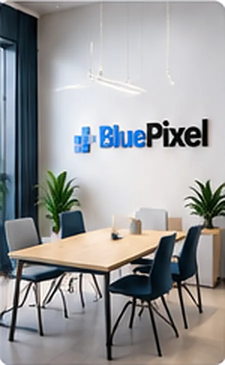 Sală de întâlniri luminoasă, cu logo-ul BluePixel pe perete