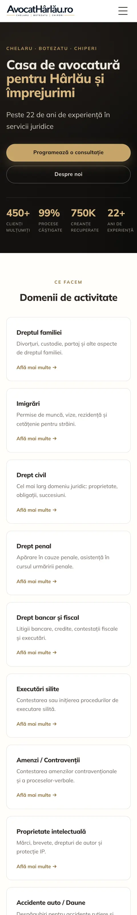 Pagina principală avocatharlau.ro pe telefon