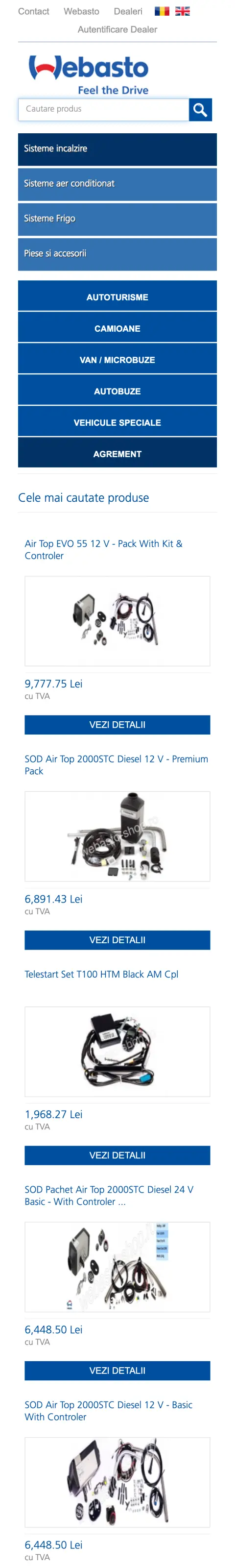 Pagina principală webasto-shop.ro pe telefon